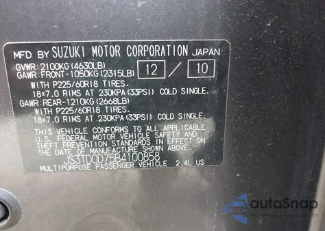 2011 Suzuki Grand Vitara Limited z USA, uszkodzony, nr VIN JS3TD0D75B4100858